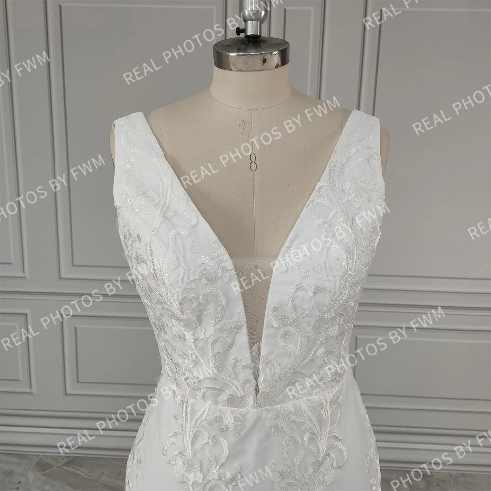 Real Photos V-neck Appliques Sequined Lace Mermaid Wedding Dress Elegant Backless Bride Gown for Women Vestidos De Novia