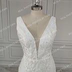 Real Photos V-neck Appliques Sequined Lace Mermaid Wedding Dress Elegant Backless Bride Gown for Women Vestidos De Novia
