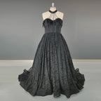 #15358 Real Photos High Quality Black Gothic A-line Feathers Lace Wedding Dress for Women Halter Neck Appliques Bridal Gowns