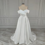Real Photos High Quality Off Shoulder High Side Slit Satin A-line Wedding Dress for Women Bride Gowns Vestido De Novia