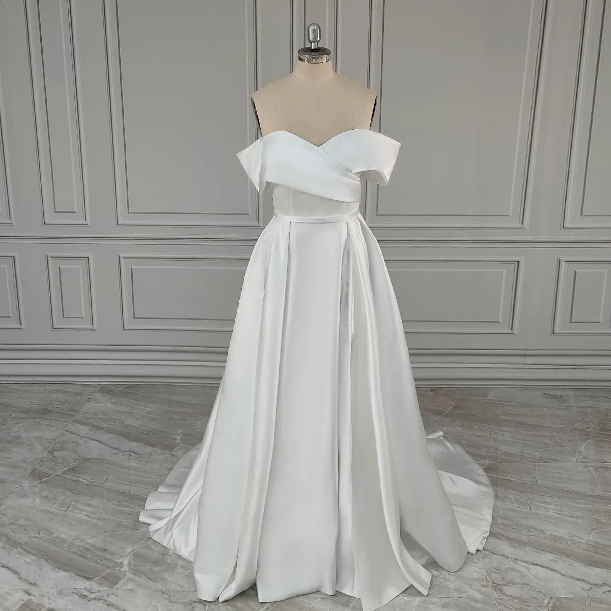 Real Photos High Quality Off Shoulder High Side Slit Satin A-line Wedding Dress for Women Bride Gowns Vestido De Novia