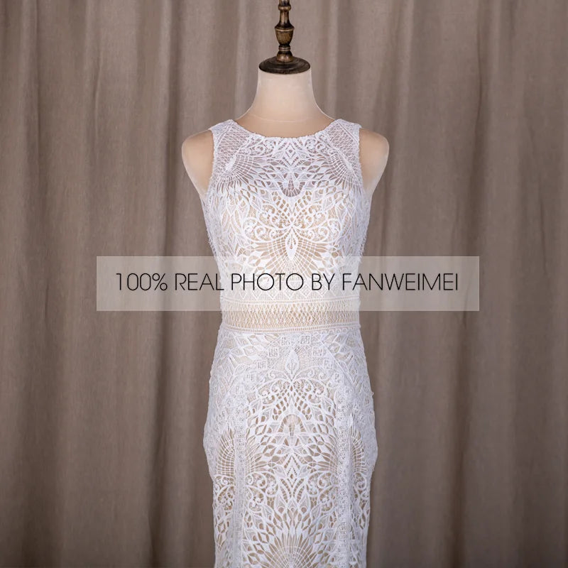 Real Photos Boho Sleeveless Appliques Lace Mermaid Wedding Dress for Woman Sweep Train Backless Bride Gown for Wedding