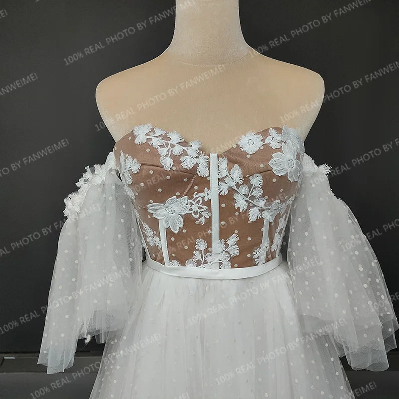 Real Photos Elegant Off Shoulder Sweetheart Dotted Mesh Lace Wedding Dress Backless Appliques Bridal Gown for Women