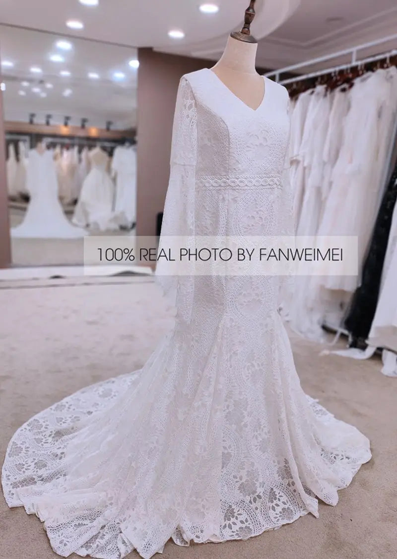 #9094  REAL PHOTOS by FANWEIMEI Backless V-Neck Long Bell Sleeve Boho Bohemian Lace Sweep Train Gown Bridal Wedding Dress