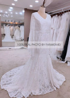 #9094  REAL PHOTOS by FANWEIMEI Backless V-Neck Long Bell Sleeve Boho Bohemian Lace Sweep Train Gown Bridal Wedding Dress