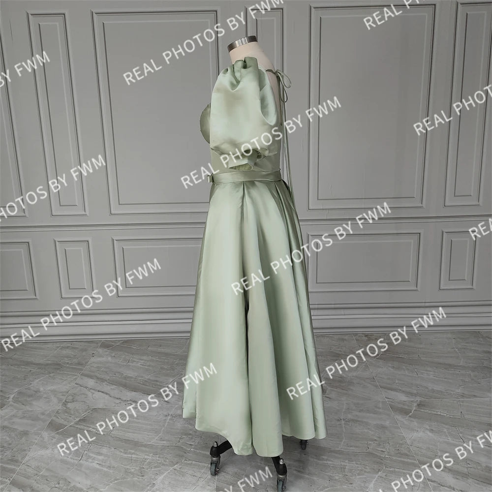 15178# Real Photos Puffy Sleeves Slit A-line Satin Wedding Party Dress Evening Prom Gown for Women  Evening Dress Formal Dress