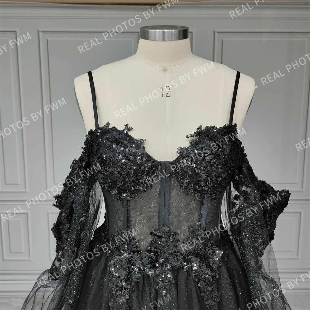 Real Photos Gothic Black Tulle A-line Spaghetti Straps Wedding Dress 3D Flower Sequined Bridal Gown Evening Dress for Women15403