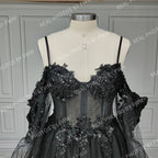Real Photos Gothic Black Tulle A-line Spaghetti Straps Wedding Dress 3D Flower Sequined Bridal Gown Evening Dress for Women15403