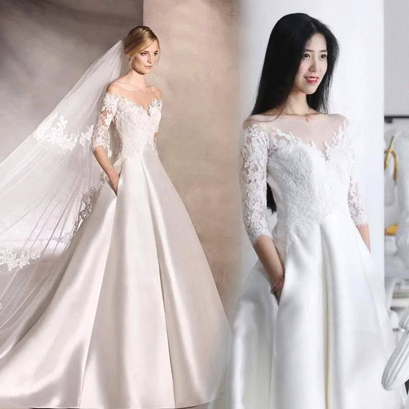 #3143 Real Photos  Special Design 3/4 Long  Sleeve Lace Ivory Lace-up O-Neck Floor Length Bridal Gown Wedding Dress