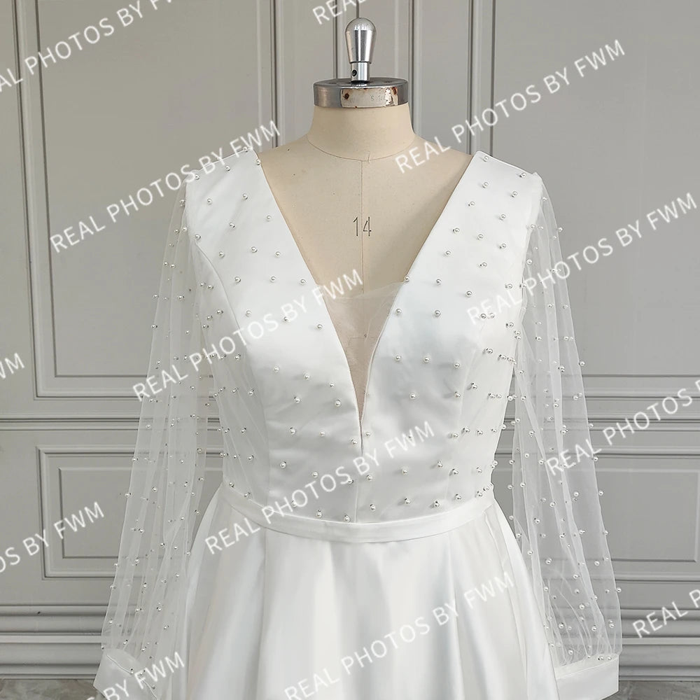 Real Photos High Quality Long Pearls Tulle A-line Wedding Dress for Bride Elegant Backless Satin Bridal Gown With Pockets