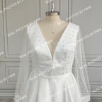 Real Photos High Quality Long Pearls Tulle A-line Wedding Dress for Bride Elegant Backless Satin Bridal Gown With Pockets