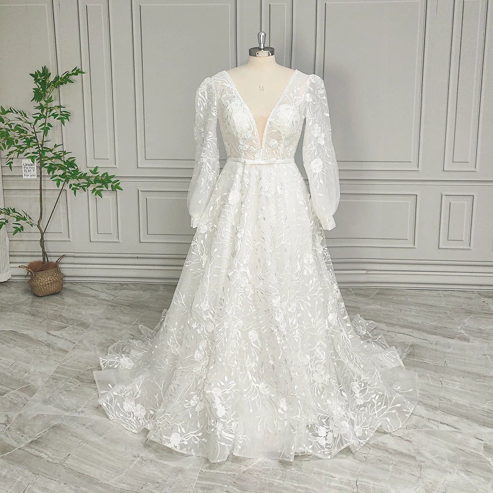 Real Photos High Quality Elegant V-Neck Lace A-line Wedding Dress for Bride Women Long Sleeves Backless Bridal Gown
