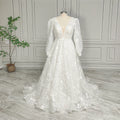 Real Photos High Quality Elegant V-Neck Lace A-line Wedding Dress for Bride Women Long Sleeves Backless Bridal Gown