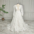 Real Photos High Quality Elegant V-Neck Lace A-line Wedding Dress for Bride Women Long Sleeves Backless Bridal Gown