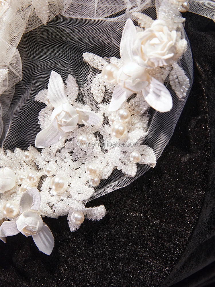 High Quality Elegant Ivory White Pearl 3D Flower Bridal Veil for Wedding Dress Long Headdress Custom Made #V114