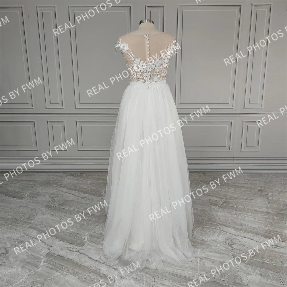 Real Photos High Quality Boat Neck Cap Sleeve Split Appliques Lace Wedding Dress Elegant Tulle A-line Bridal Gown for Women