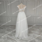 Real Photos High Quality Boat Neck Cap Sleeve Split Appliques Lace Wedding Dress Elegant Tulle A-line Bridal Gown for Women