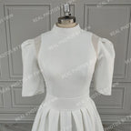 Real Photos Classic Short Sleeves High Neck Satin A-line Wedding Dress Sweep Train Bride Gown for Women Vestido De Novia