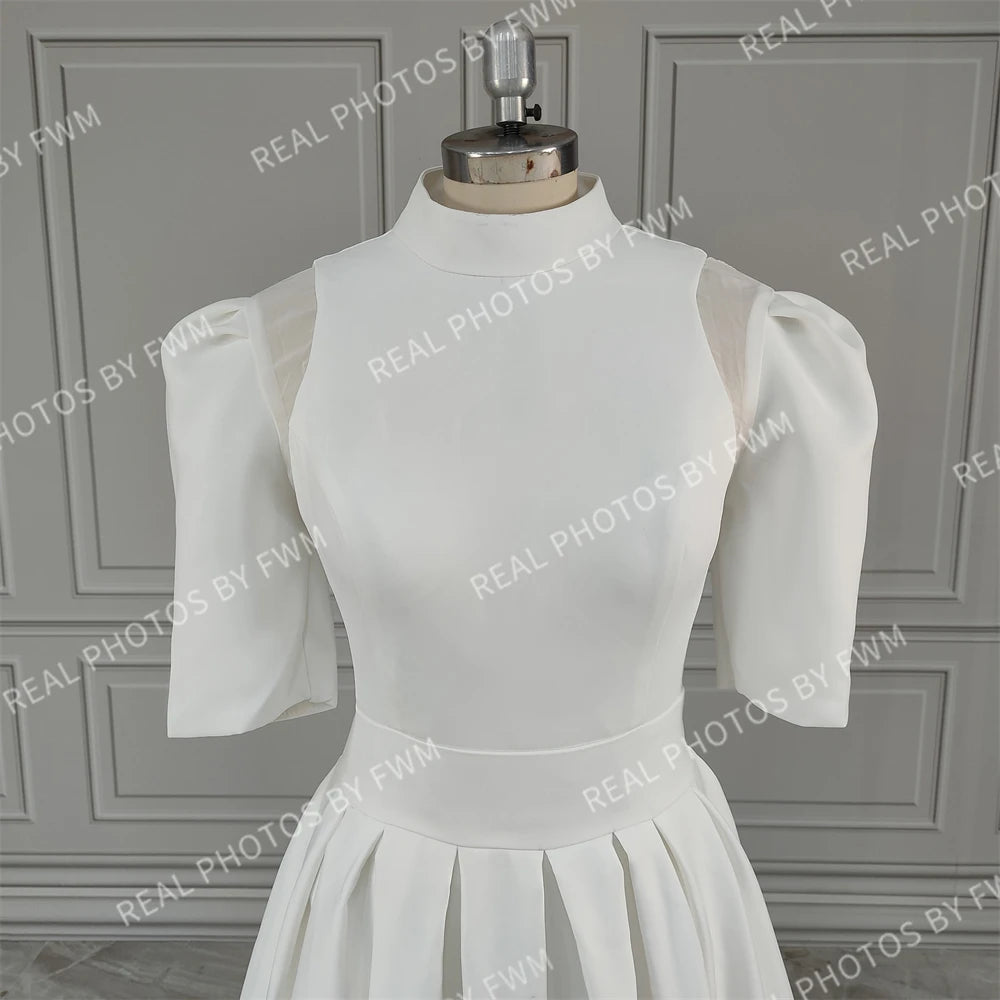 Real Photos Classic Short Sleeves High Neck Satin A-line Wedding Dress Sweep Train Bride Gown for Women Vestido De Novia