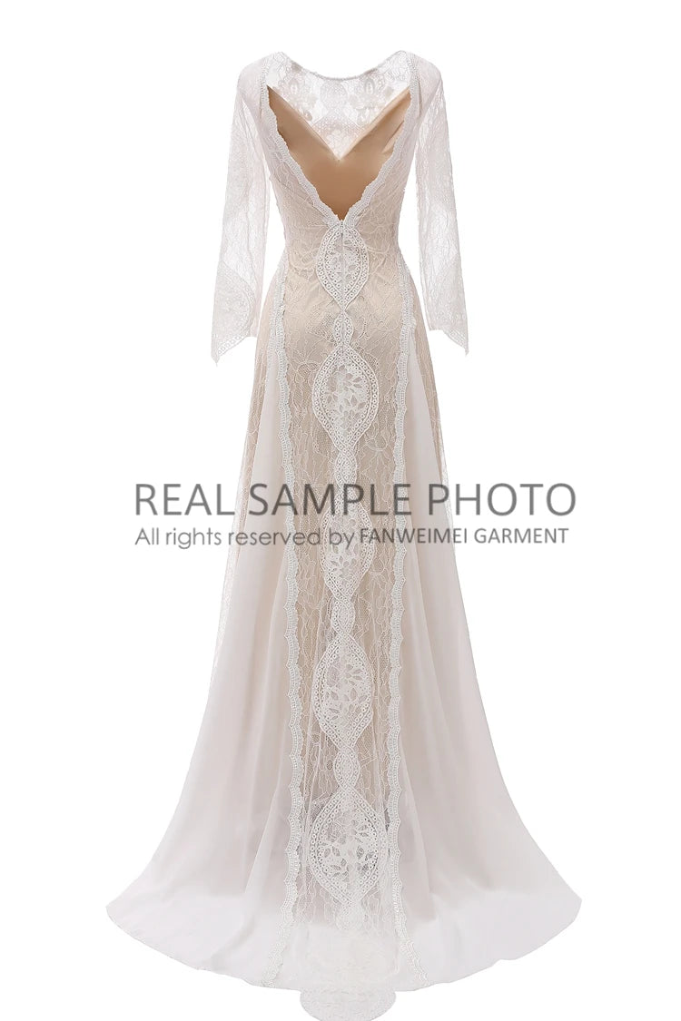 830#  Real Photos Bohomia Beach Sheath Appliques O-neck Sweep Train Wedding Dress for Engagement Bridal Gown Evening Dress