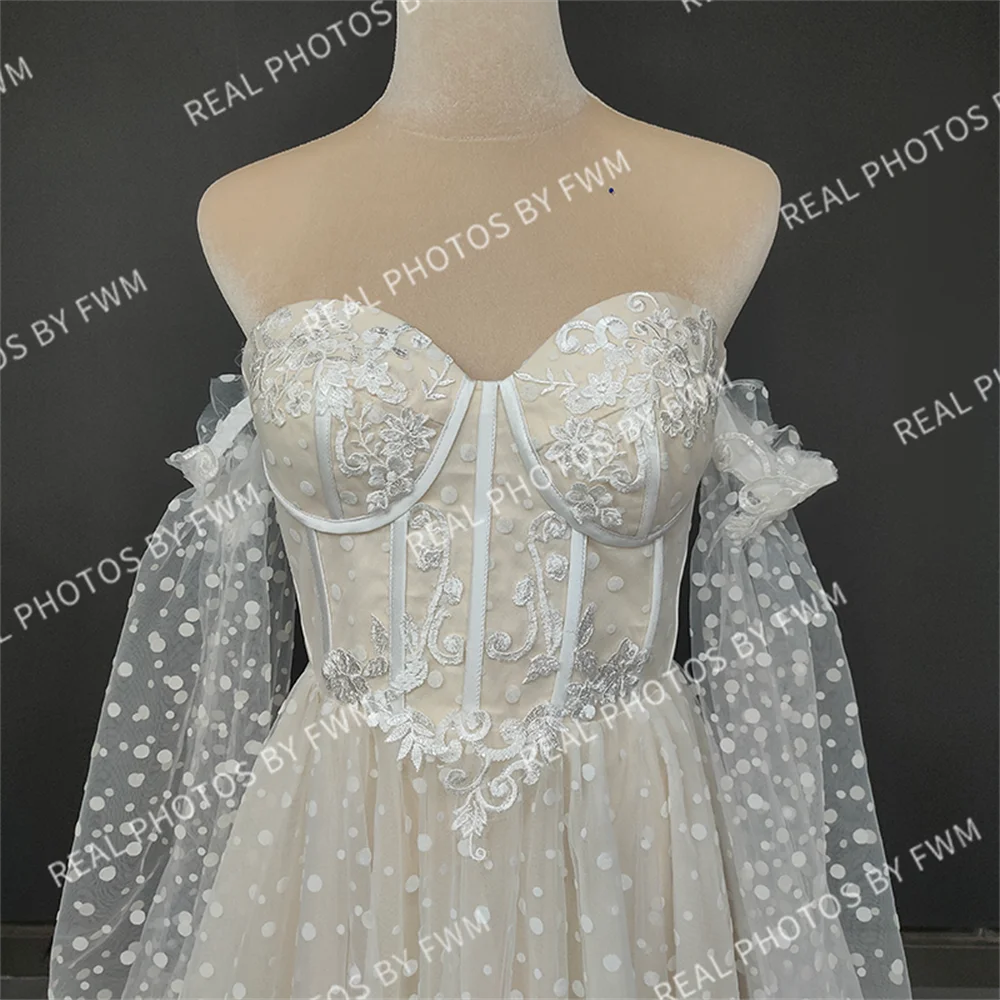 Real Photos Classic Boho Sweetheart A-Line Strapless Long Sleeves Backless Beach Sweep Train Lace Wedding Dress Bridal Gown