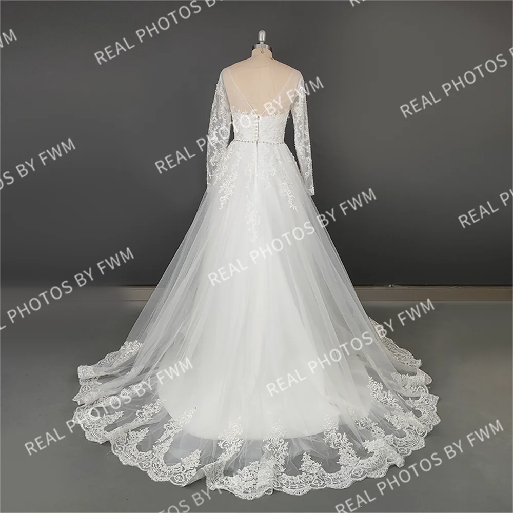 Real Photos Exuquisite Long Sleeve  Sweep Train A-line Appliques Lace Wedding Dress With Sequined Bridal Gown for Wedding Dress