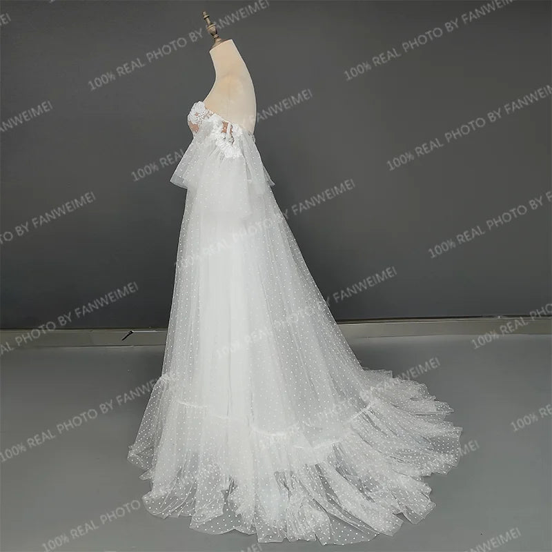 Real Photos Elegant Off Shoulder Sweetheart Dotted Mesh Lace Wedding Dress Backless Appliques Bridal Gown for Women