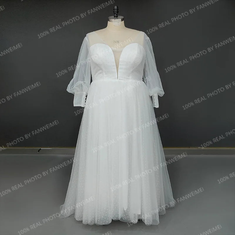 12551# Real Photos Puffy Sleeves Lace A-line Wedding Dress for Plus Size Women Sweep Train Backless Bridal Gown Dress