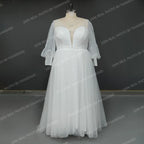 12551# Real Photos Puffy Sleeves Lace A-line Wedding Dress for Plus Size Women Sweep Train Backless Bridal Gown Dress