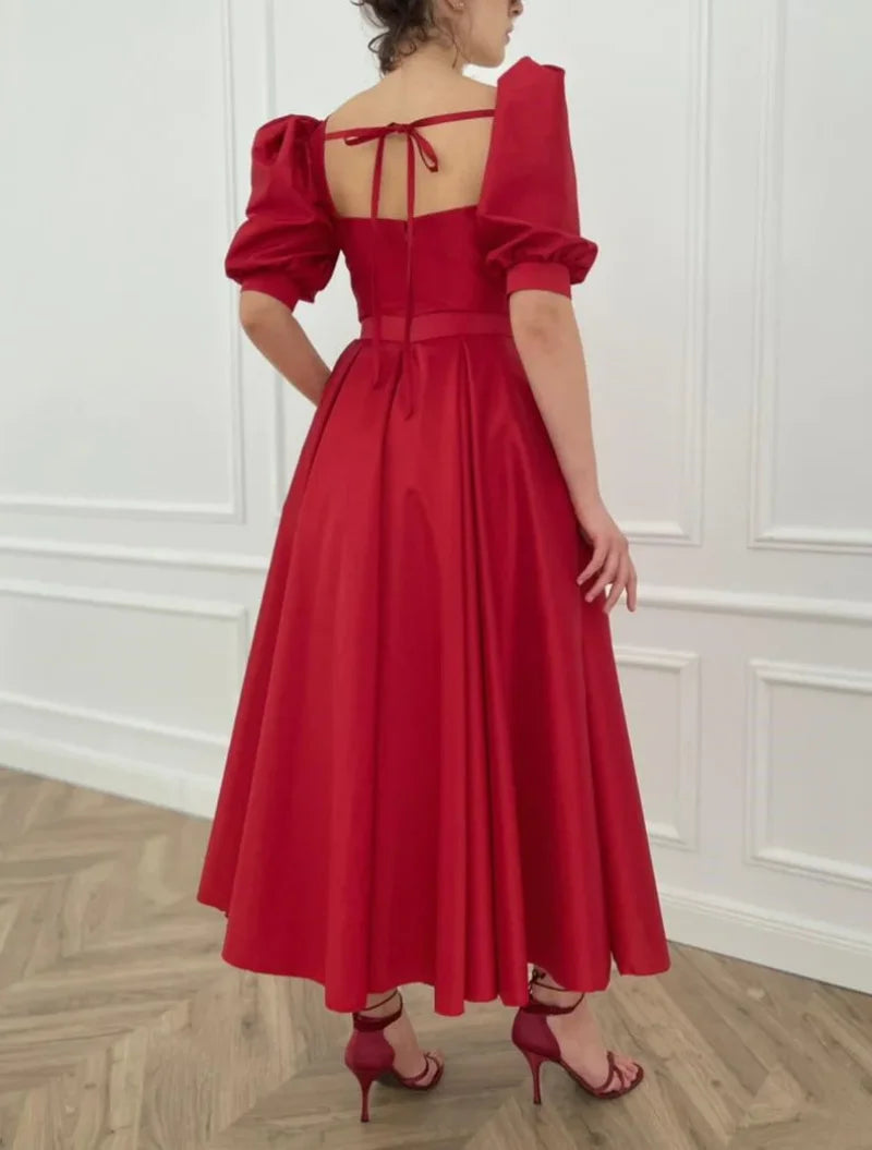 15178# Real Photos Puffy Sleeves Slit A-line Satin Wedding Party Dress Evening Prom Gown for Women  Evening Dress Formal Dress
