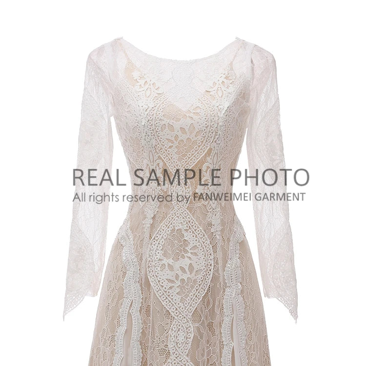 830#  Real Photos Bohomia Beach Sheath Appliques O-neck Sweep Train Wedding Dress for Engagement Bridal Gown Evening Dress
