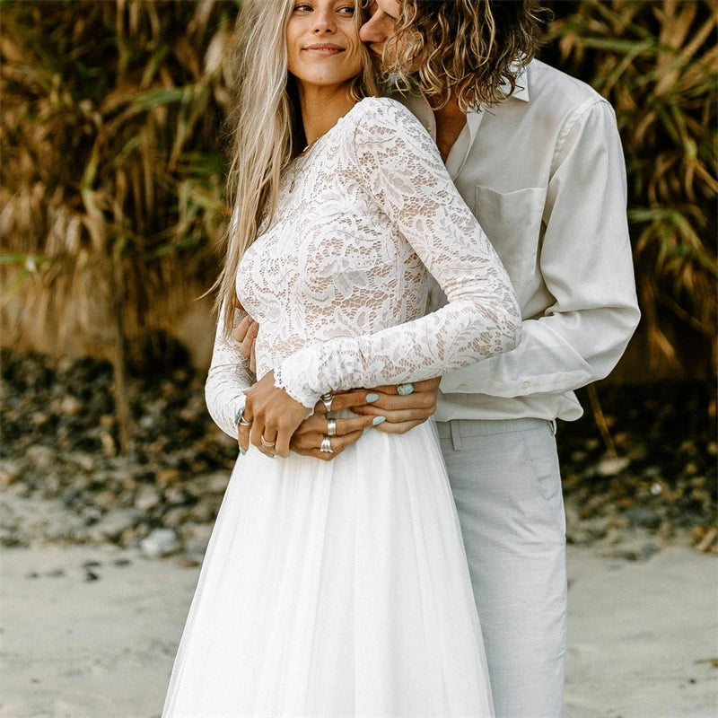 11617#Real Photos A-Line Lace O-Neck Sweep Train Bohemian Long Sleeve Illusion Open Back Wedding Dress Wedding Gown Bridal Gown