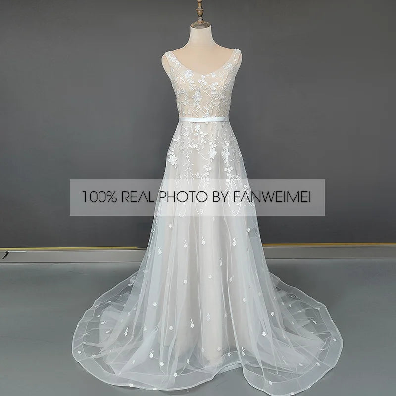 #9095 REAL PHOTOS by FANWEIMEI V-Neck Backless Half Sleeve A-Line Simple Bohemian Boho Lace Applique Wedding Dress Bride Gown