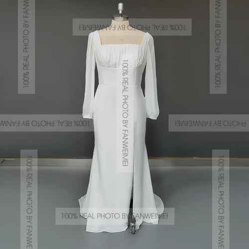 10183#Real Photos Long Sleeves Square Neck Open Back Sheath Chiffon Side Slit Sweep Train Wedding Dress Wedding Bridal Gown