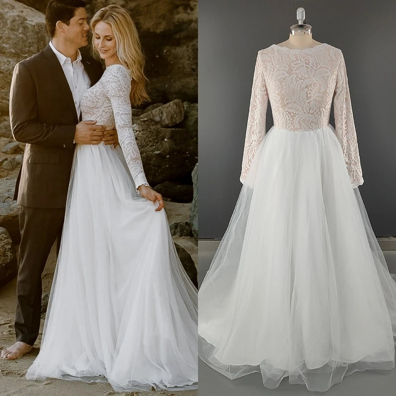 11617#Real Photos A-Line Lace O-Neck Sweep Train Bohemian Long Sleeve Illusion Open Back Wedding Dress Wedding Gown Bridal Gown