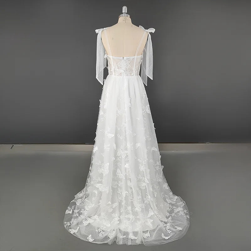 8754# Elegant Spaghetti Straps A-line Wedding Dress Bow Ribbons Butterfly Print Lace Causal Plus Size Womens Dresses Real Photos