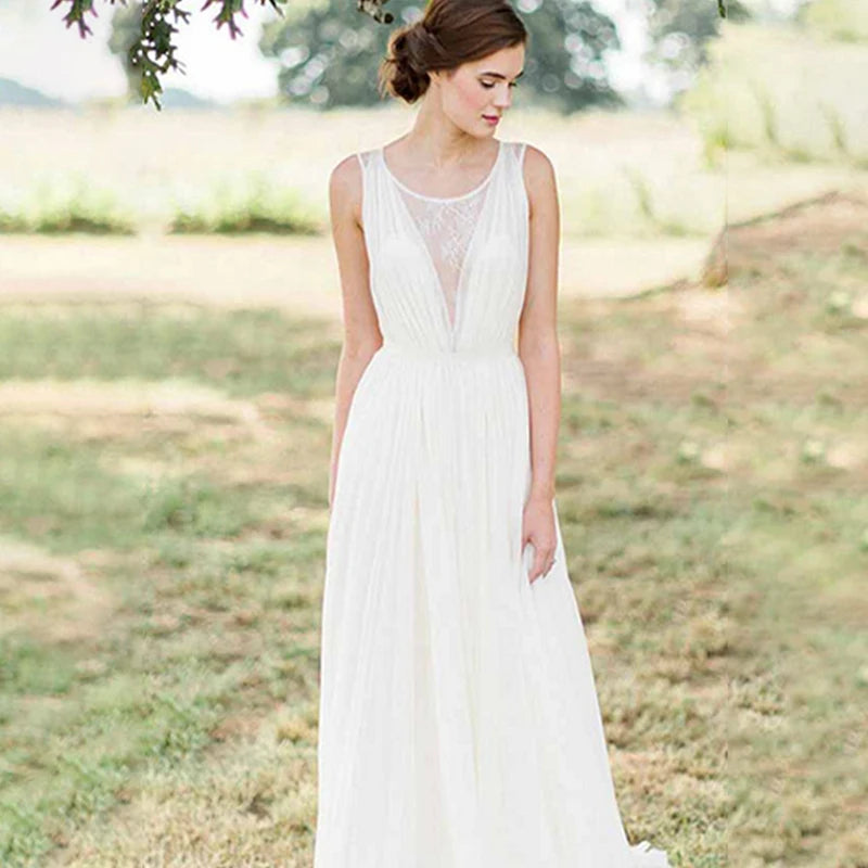 735# Real Photos Wedding Dress Sleeveless Round Neck Sheer Back Bohemian A-Line Beach Sweep Train Chiffon Lace Bride Gown