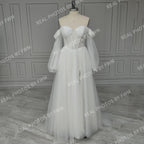 11894# Real Photos Puffy Sleeves Sweetheart Illusion Back High Side Slit A-line Tulle Women's  Wedding Dress Bridal Gown