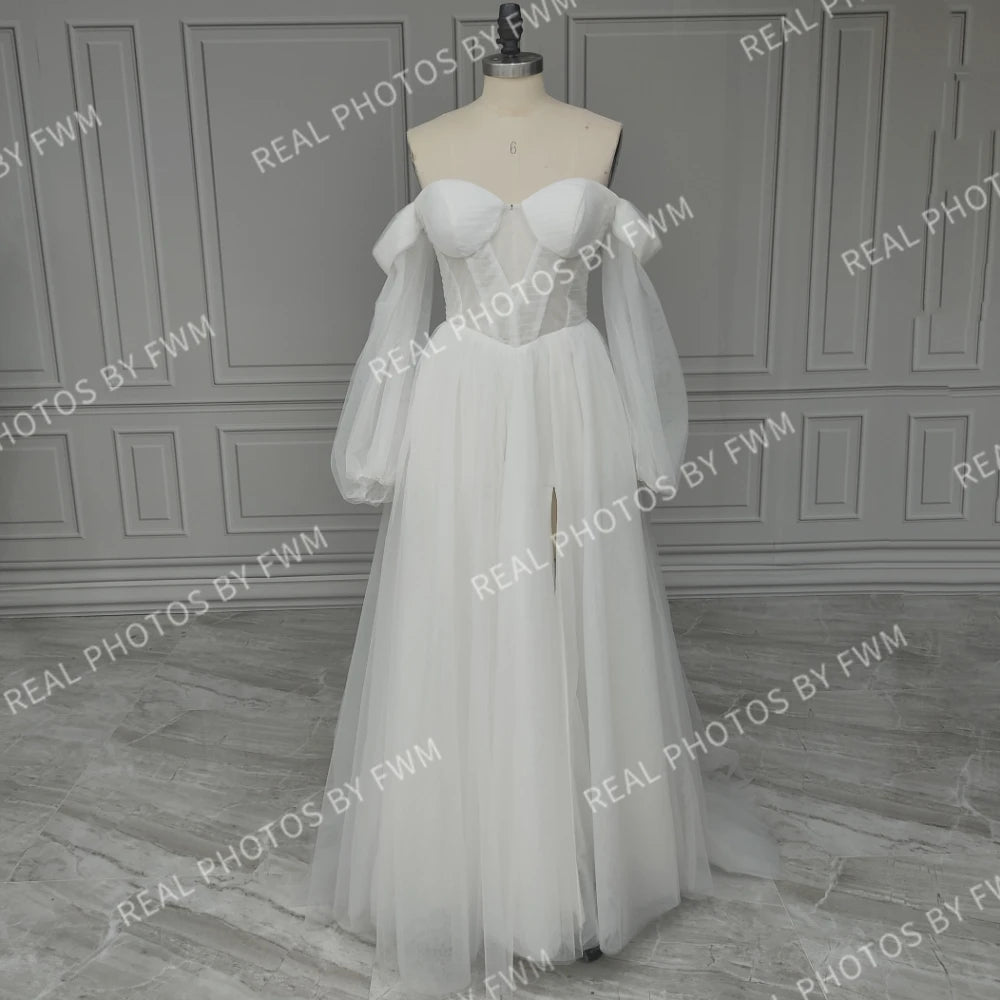 11894# Real Photos Puffy Sleeves Sweetheart Illusion Back High Side Slit A-line Tulle Women's  Wedding Dress Bridal Gown