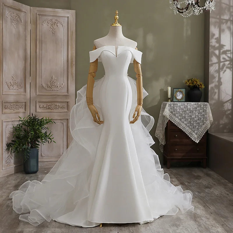 10295#Real Photos Off-Shoulder Sweetheart Corset Back Mermaid Tulle Ruffle Detachable Train  Wedding Dress Wedding Bridal Gown