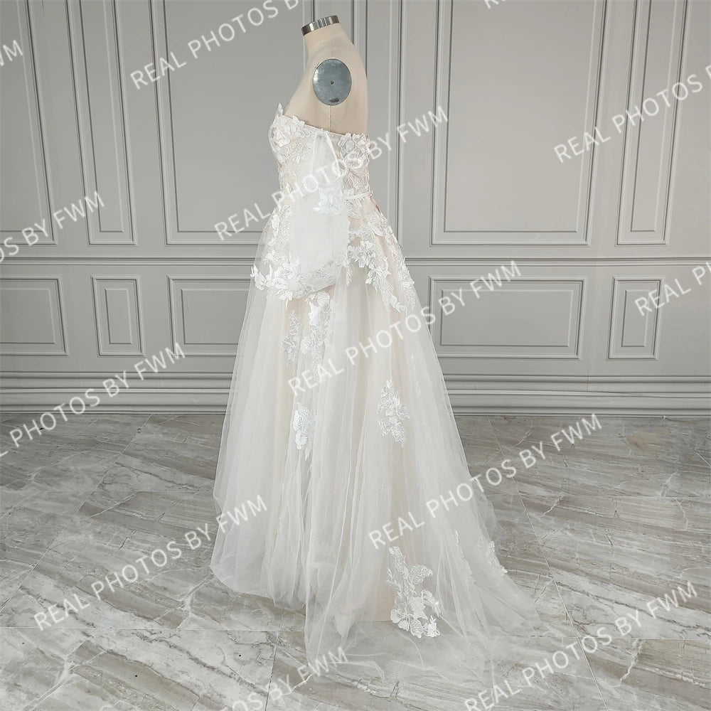 Real Photos Dream Off Shoulder Appliques Sequined Lace A-line Wedding Dress Glittery Tulle Sweep Train Bride Gown for Women