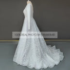 Real Photos Elegant Full Sleeves V-Neck A-line Satin Wedding Dress Appliques Lace Sweep Train Backless Bride Gown for Women