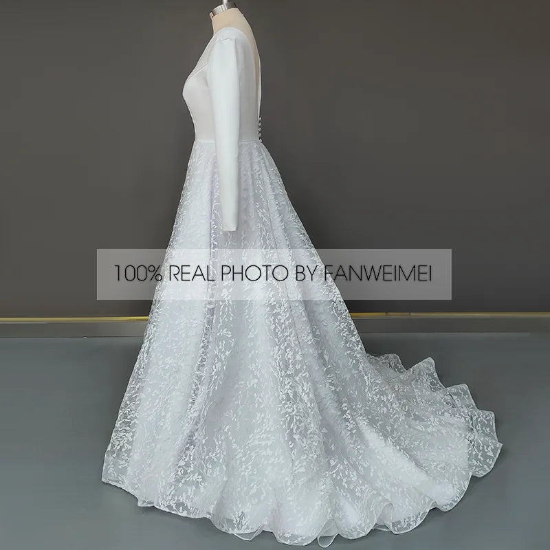 Real Photos Elegant Full Sleeves V-Neck A-line Satin Wedding Dress Appliques Lace Sweep Train Backless Bride Gown for Women